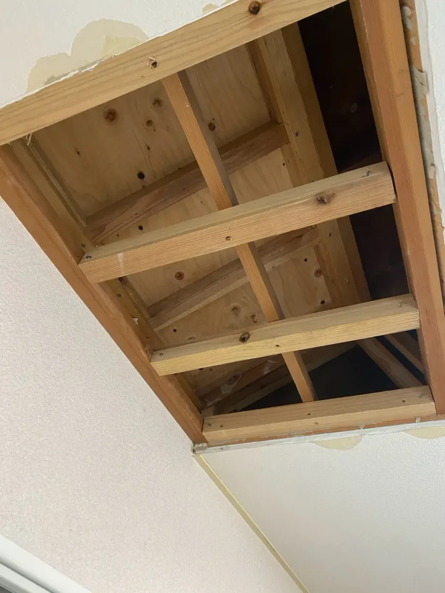 一部を開けた室内天井と、内部に見える木下地